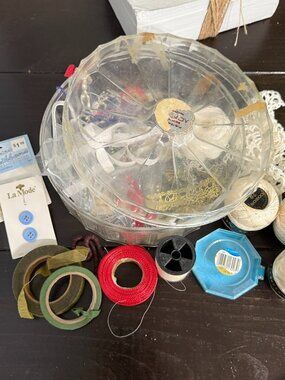 Vintage Clear Plastic Round Sewing Box Caddy Thread Bobbins Notions Organizing